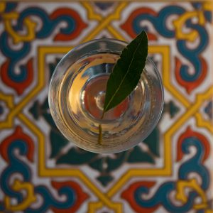 Top down looking at a martini glass with a bay leaf in it. colourful background tile